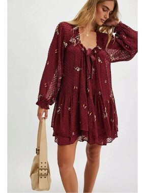 Free People Dainty Ethereal Billowy Garden Glory Mini Dress in Cabernet Medium